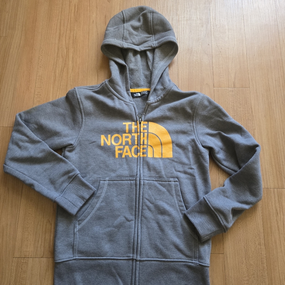 The North Face Youth Hoodie – Size 7/8 | Gray Zip-Up with Yellow Logo